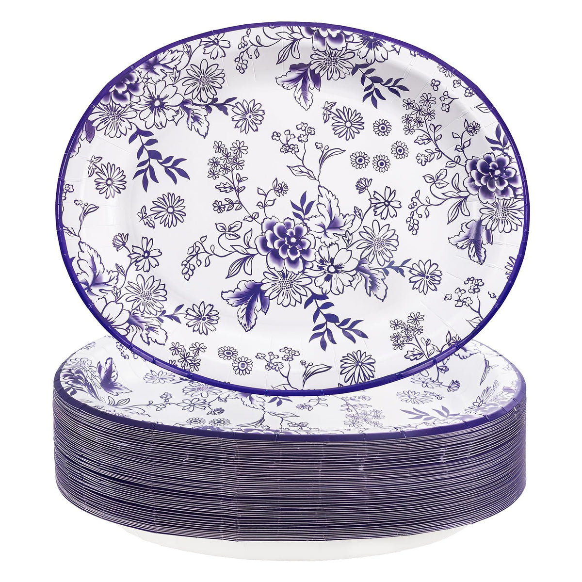 50 Pack Blue Floral Disposable Paper Plates S6070