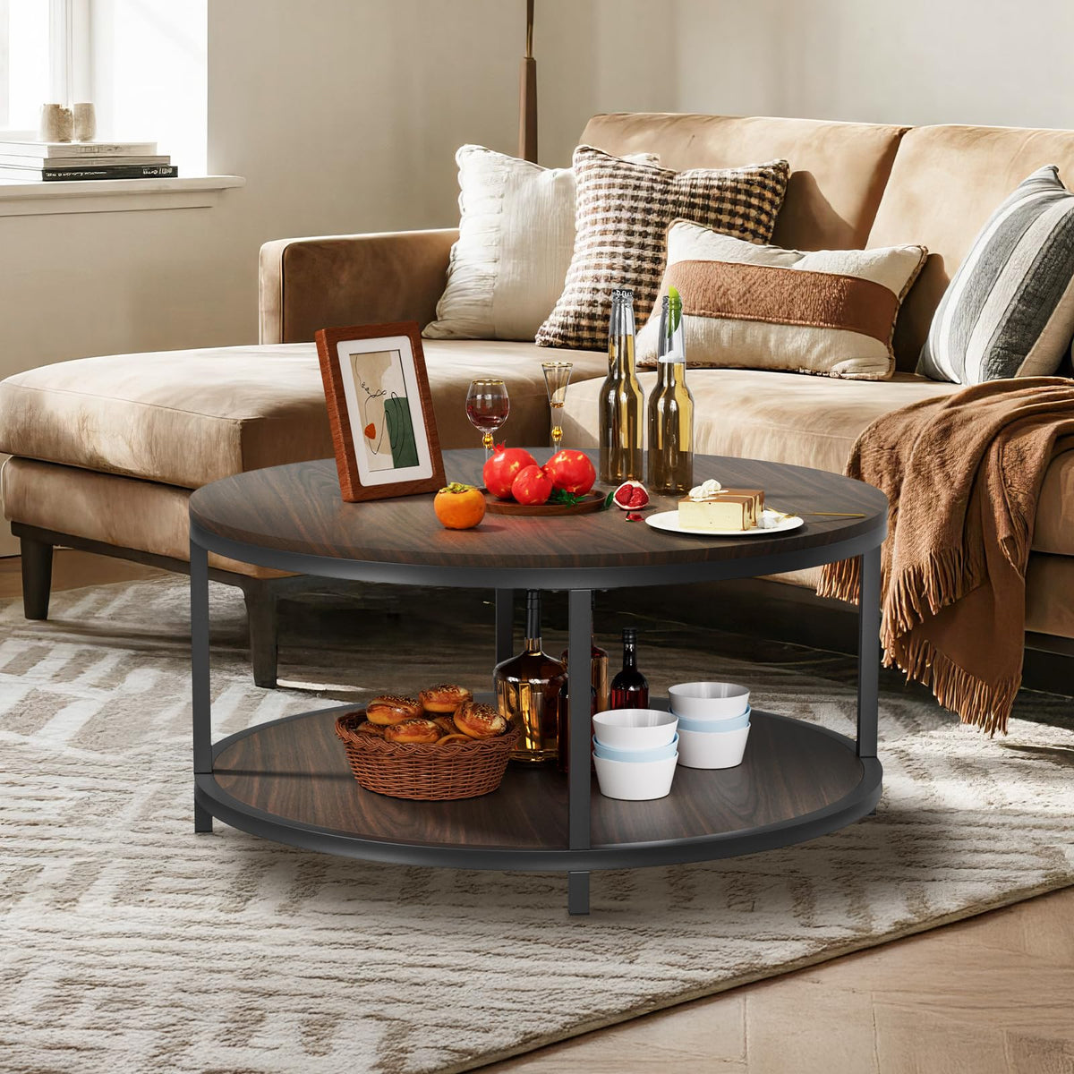 36" Round 2-Tier Coffee Table with Storage Shelf, Black Walnut K941929