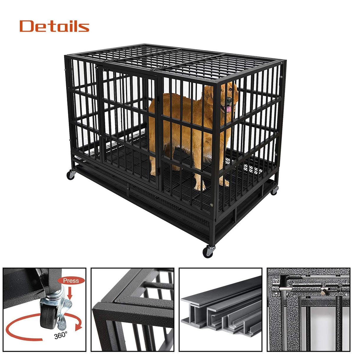 Heavy Duty 4 Wheels Double Door Metal Dog Crate 48 Inch E426