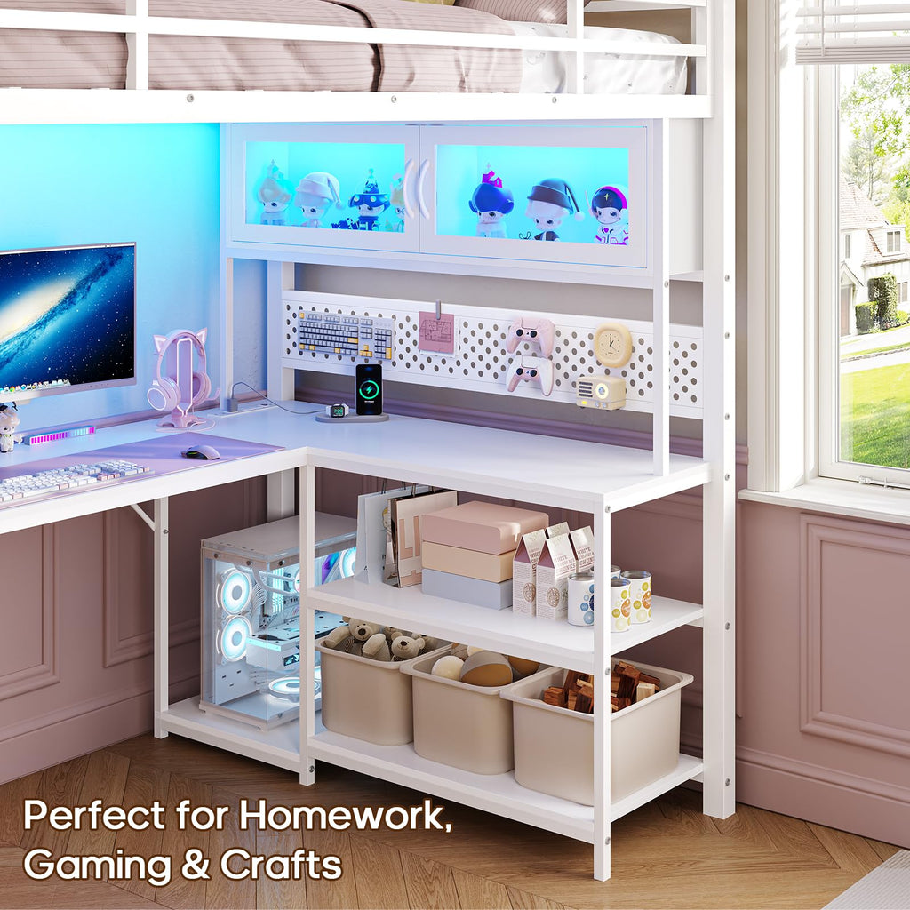 White Twin Gaming Loft Bed with Desk Q588