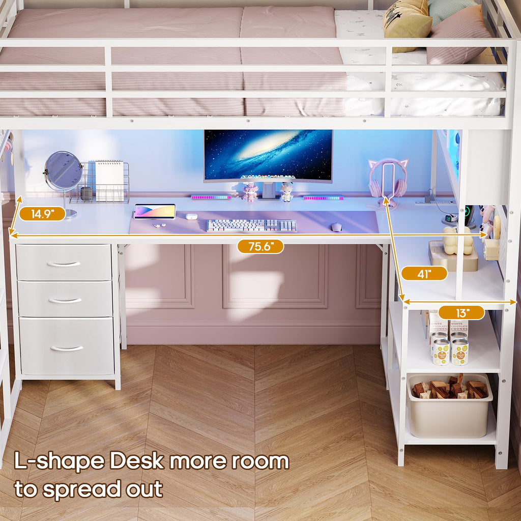 White Twin Gaming Loft Bed with Desk Q588