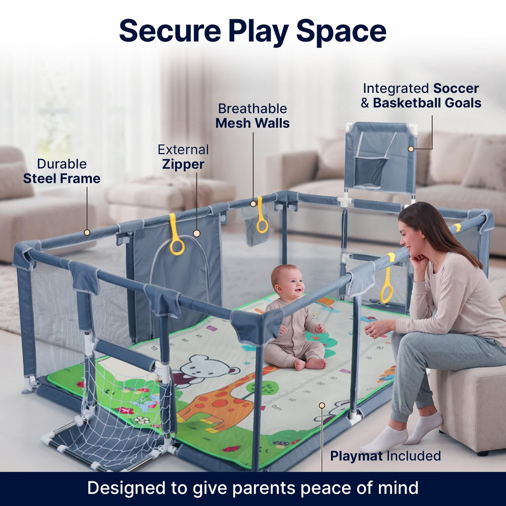 Large Baby Playpen with Foldable Mat, Basketball Hoop, Soccer Nets, 20 Balls, 4 Pull-Up Rings K2262
