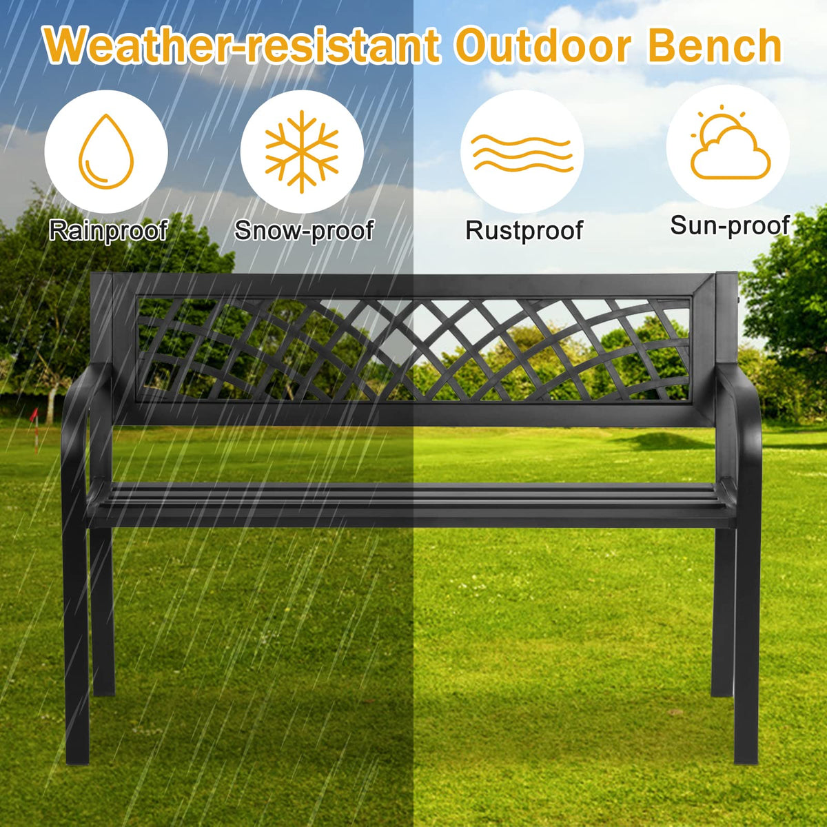 Black Cast Iron Outdoor Garden Bench with Mesh Backrest I106