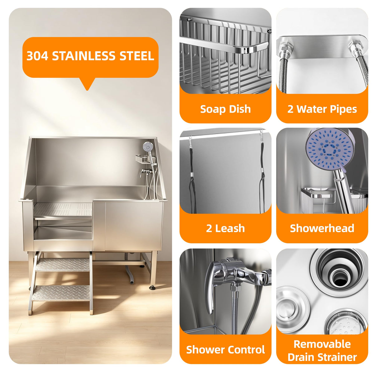 304 Stainless Steel Dog Washing Station with Stairs and 2 Drawers U319606