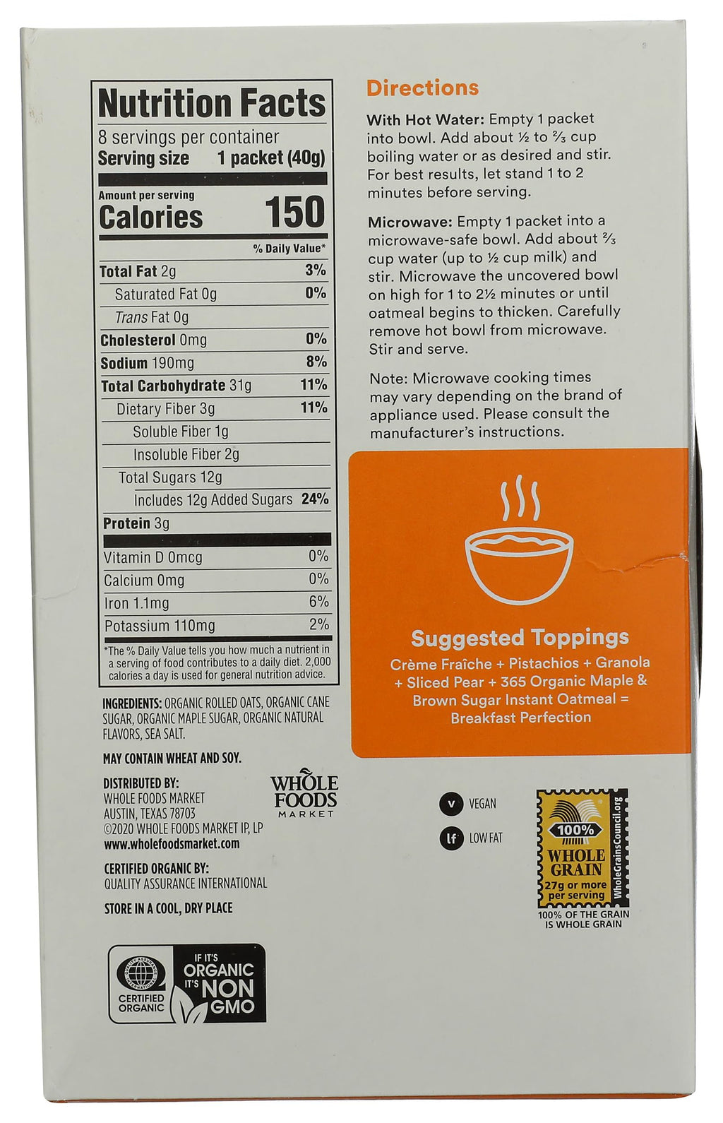 Organic Maple & Brown Sugar Instant Oatmeal Packets, 1.41 Ounce (Pack of 8) A234