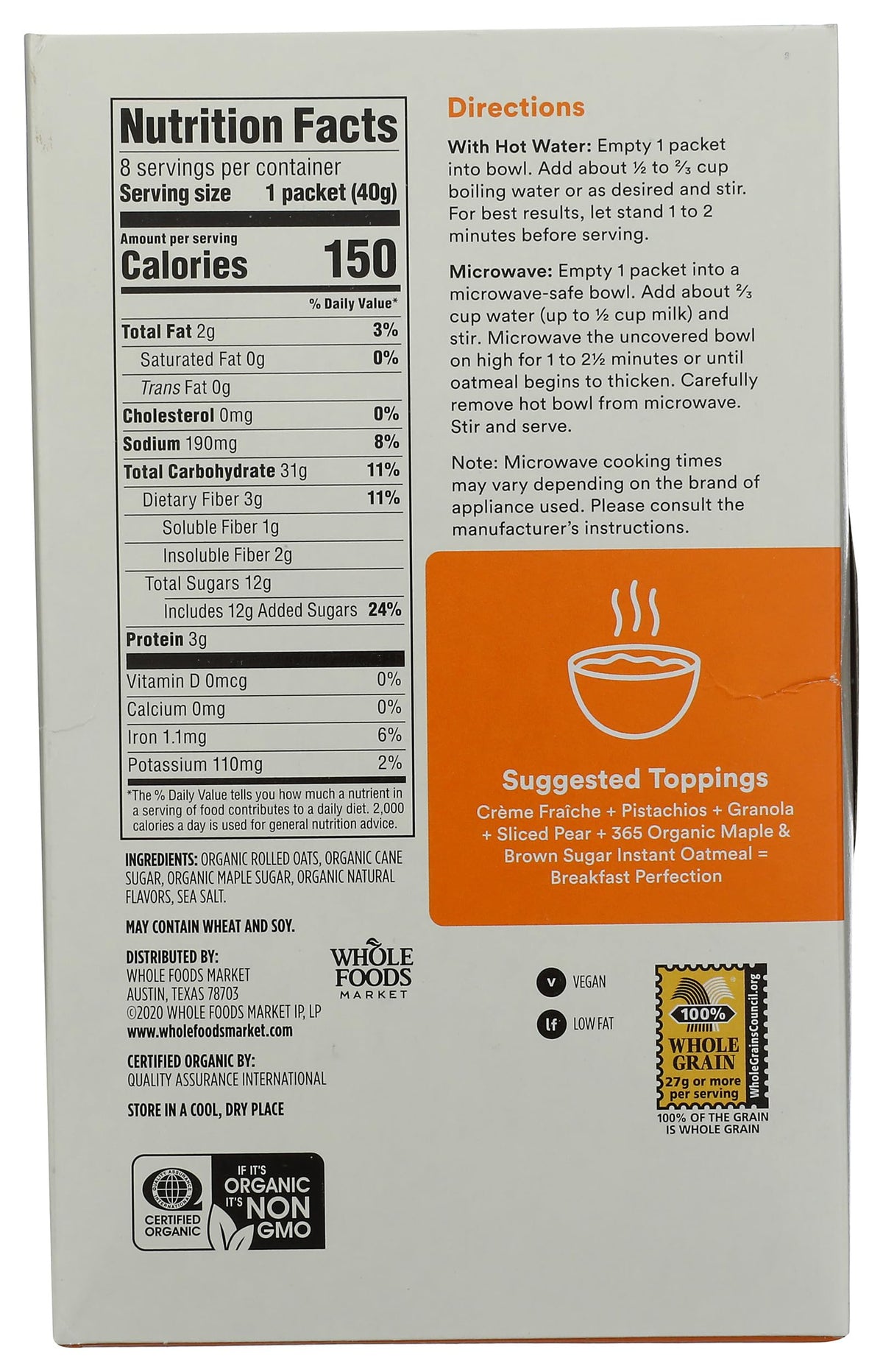 Organic Maple & Brown Sugar Instant Oatmeal Packets, 1.41 Ounce (Pack of 8) A234