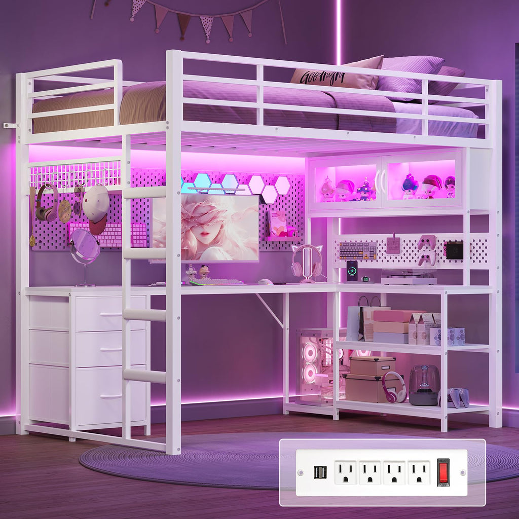 White Twin Gaming Loft Bed with Desk Q588