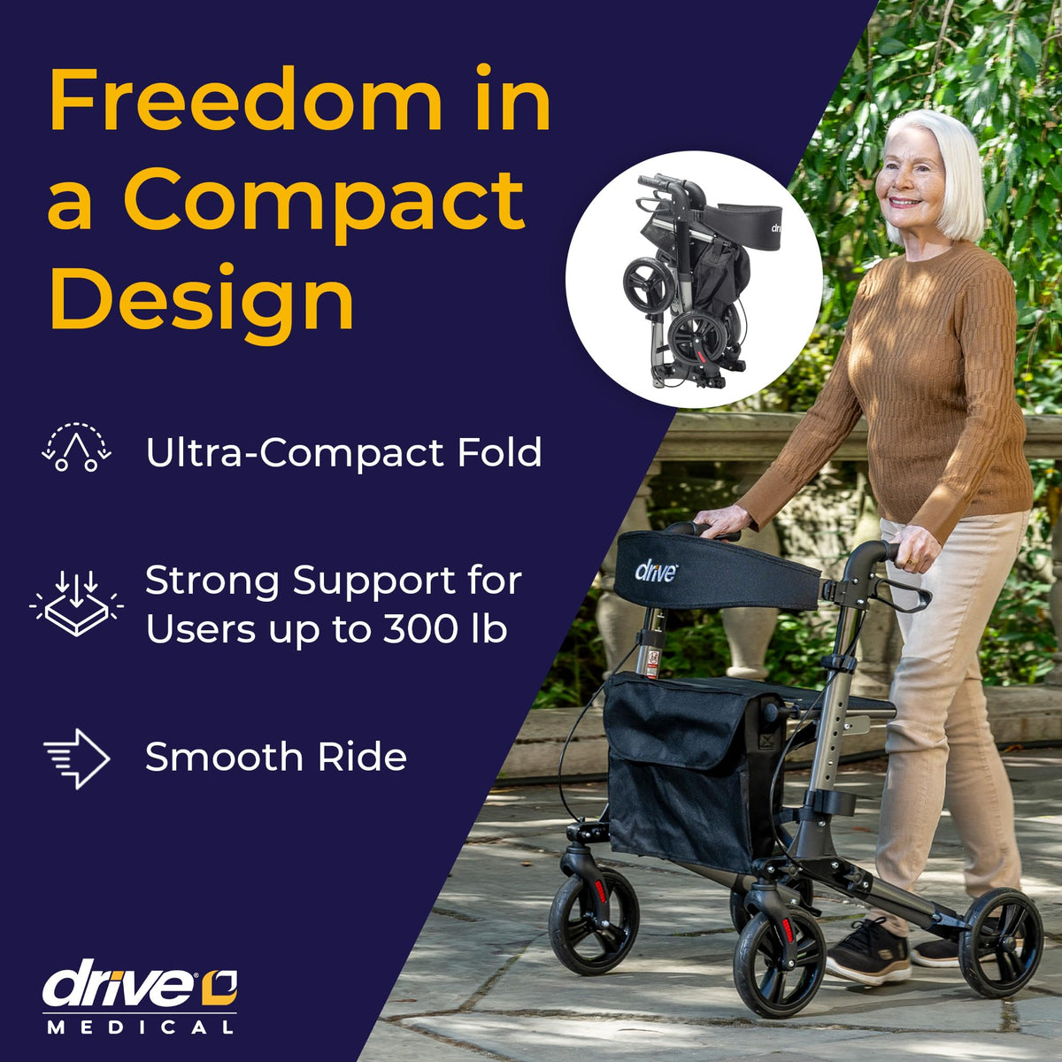 Compact Folding Rollator with Seat and Brakes, 8-Inch Wheels M923