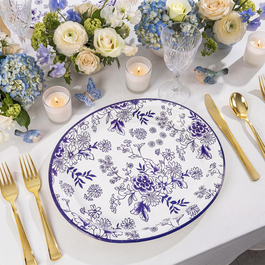 50 Pack Blue Floral Disposable Paper Plates S6070