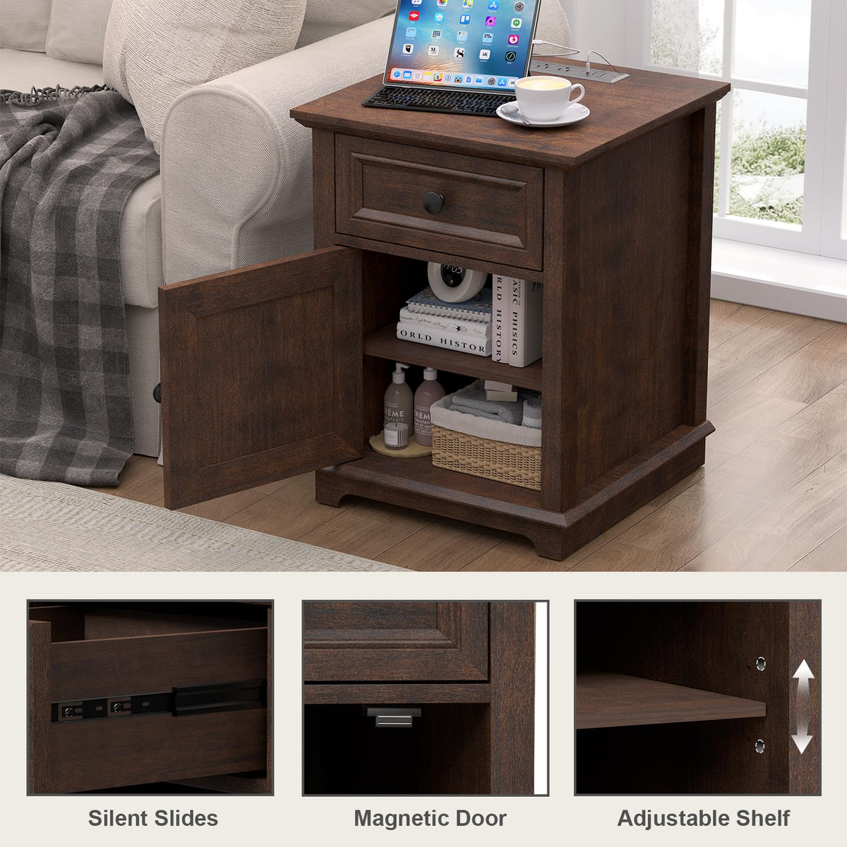 24" Tall End Table with Charging Station, Drawer & Storage Cabinet, Cherry W9702