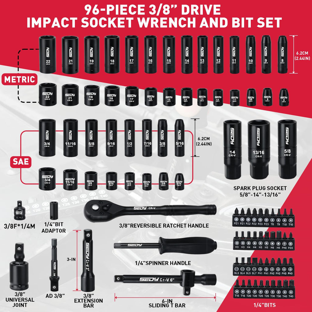 96-Piece 3/8" Drive Impact Socket Wrench and Bit Set, SAE & Metric, Cr-V Standard & Deep Sockets S63866