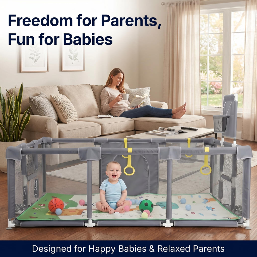 Large Baby Playpen with Foldable Mat, Basketball Hoop, Soccer Nets, 20 Balls, 4 Pull-Up Rings K2262