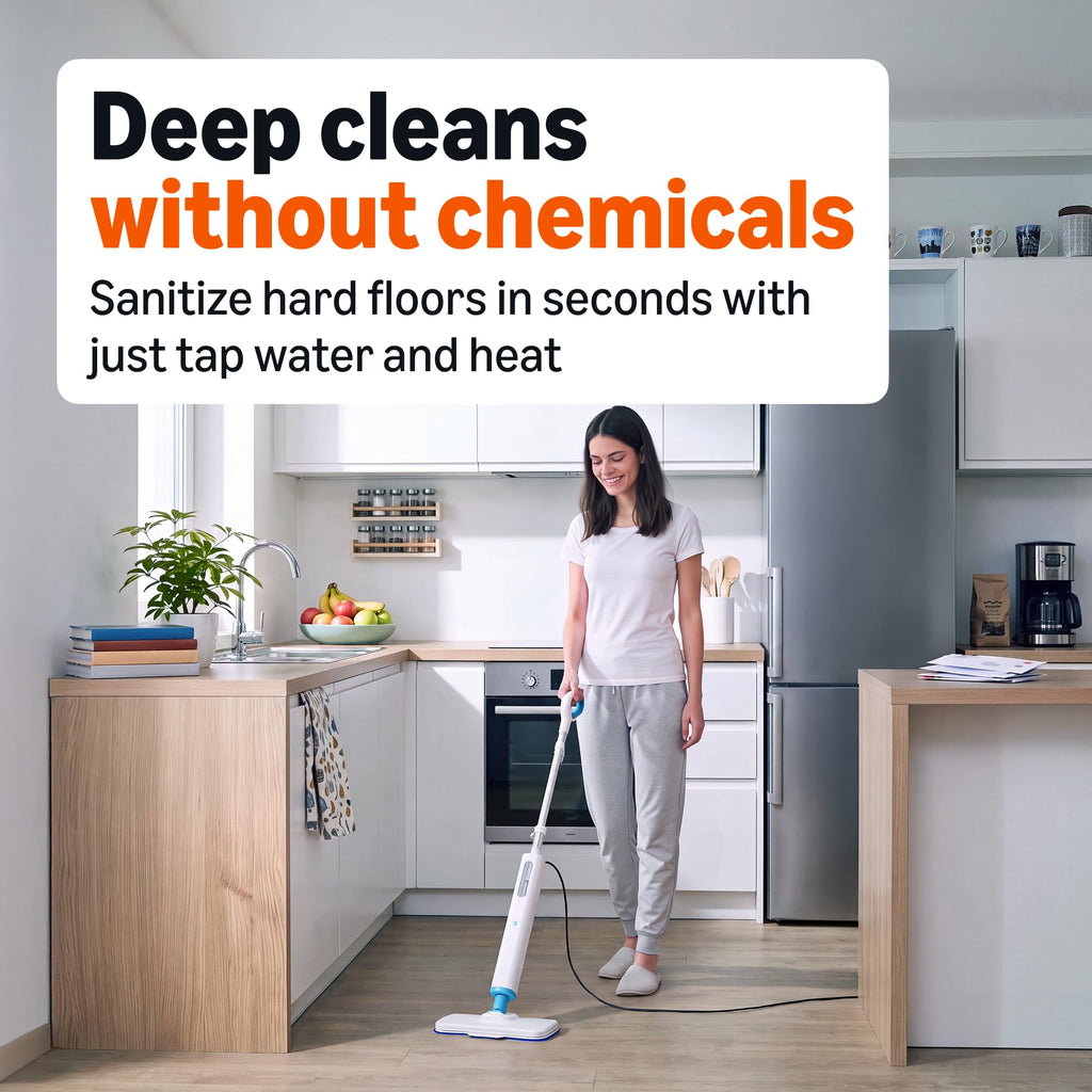 Steam Mop for Sealed Hard Floors, 3 Washable Pads, 20-Foot Cord, White N61974