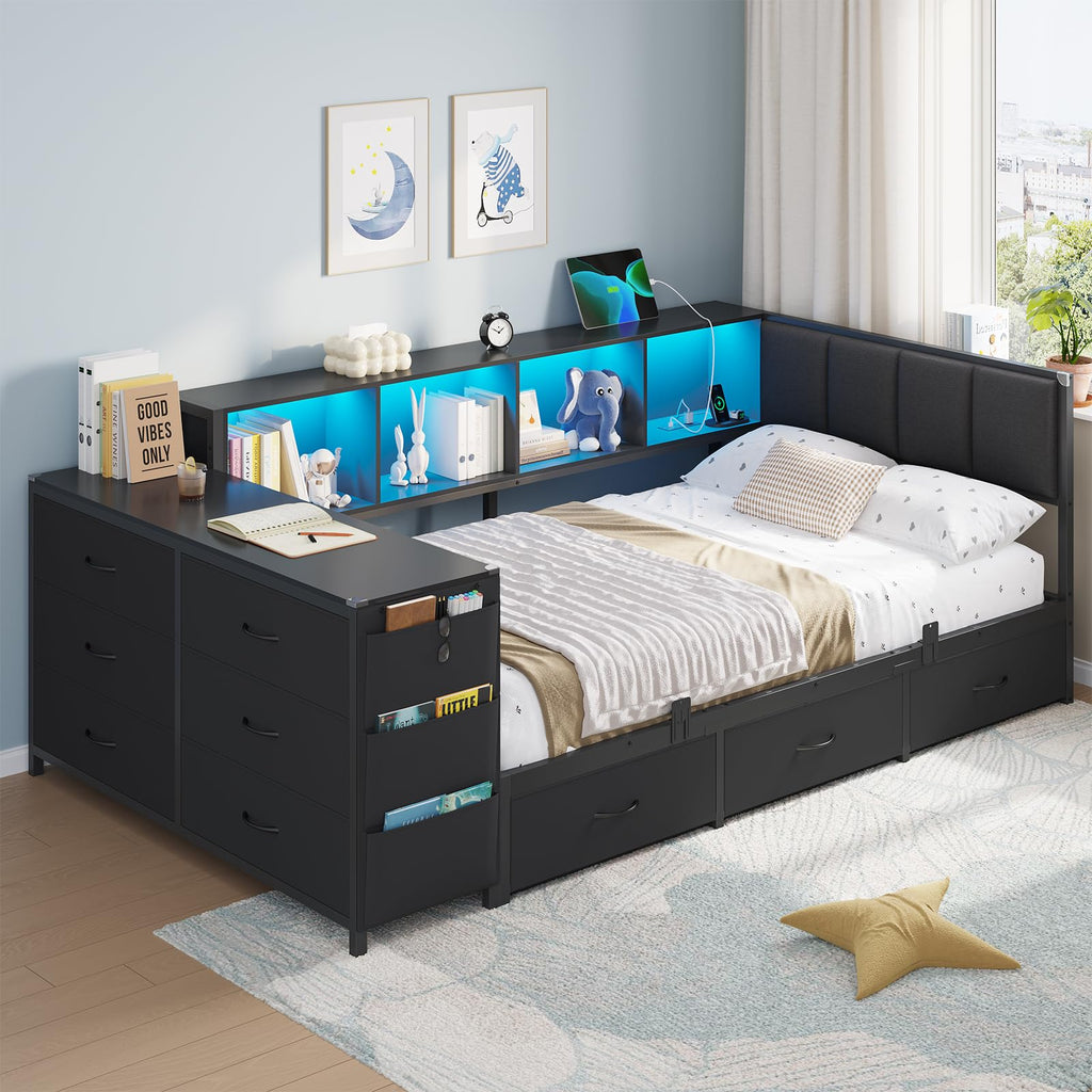 Twin Corner Bed with 6 Storage Dressers, 3 Drawers & Bookcase, Charging Station and LED Light, Desk, Upholstered Headboard, Black D716