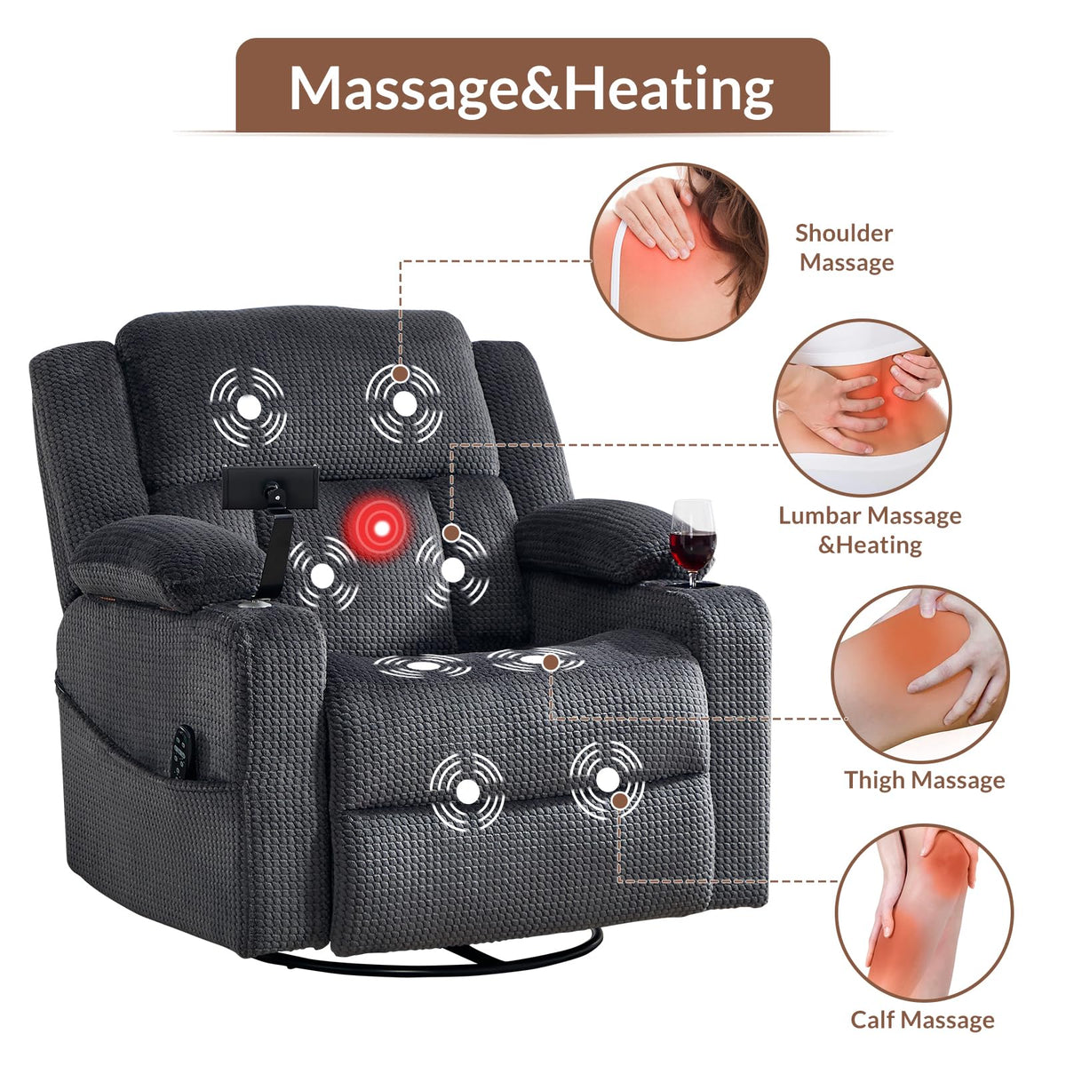 Oversized Power Recliner Chair with Massage and Heat, Grey H611