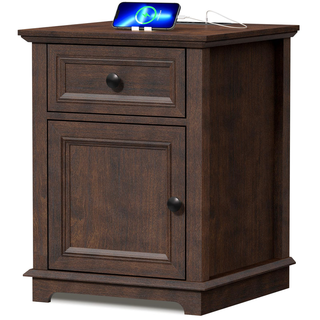 24" Tall End Table with Charging Station, Drawer & Storage Cabinet, Cherry W9702