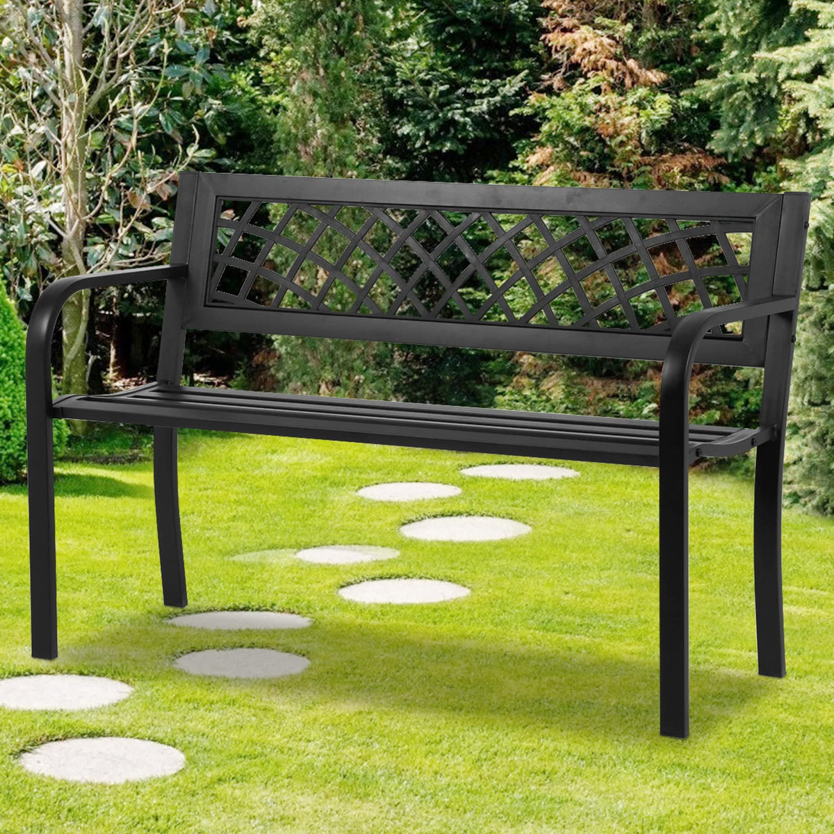 Black Cast Iron Outdoor Garden Bench with Mesh Backrest I106