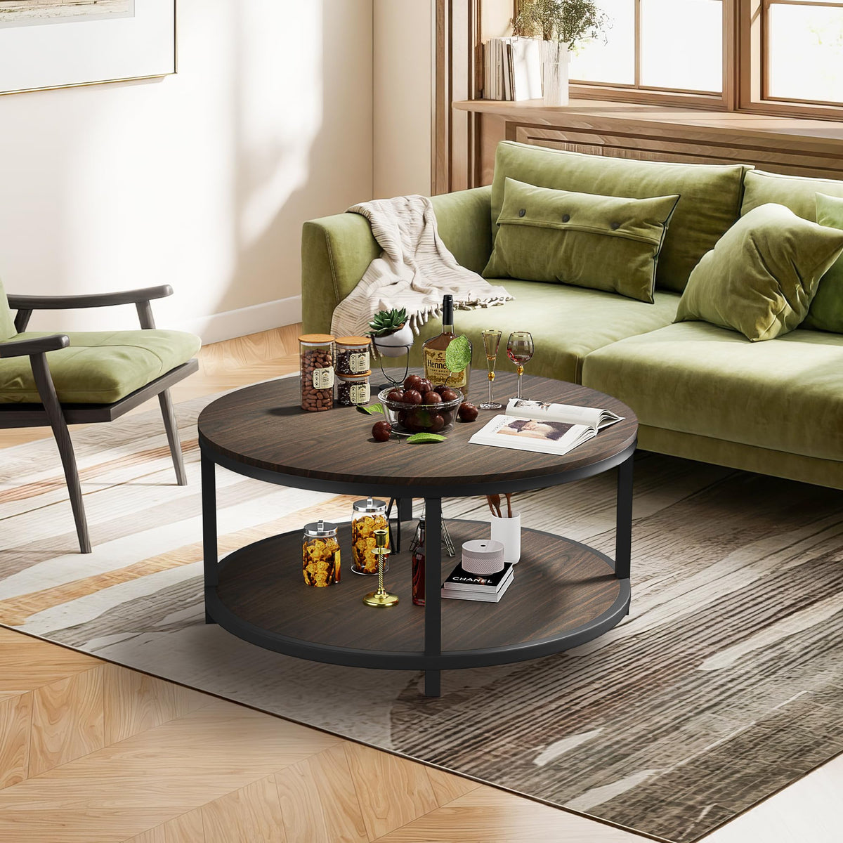 36" Round 2-Tier Coffee Table with Storage Shelf, Black Walnut K941929