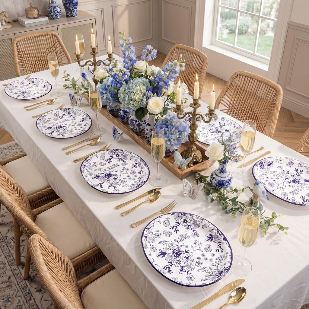 50 Pack Blue Floral Disposable Paper Plates S6070