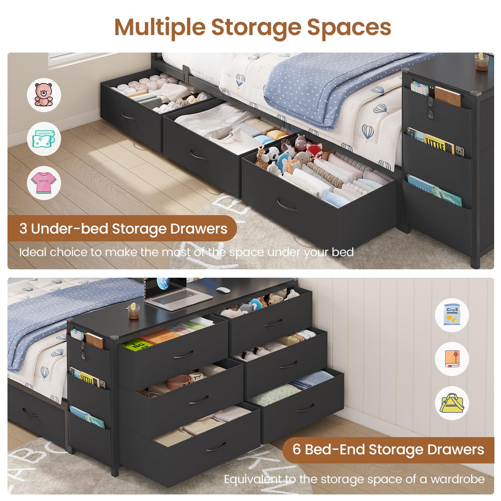 Twin Corner Bed with 6 Storage Dressers, 3 Drawers & Bookcase, Charging Station and LED Light, Desk, Upholstered Headboard, Black D716