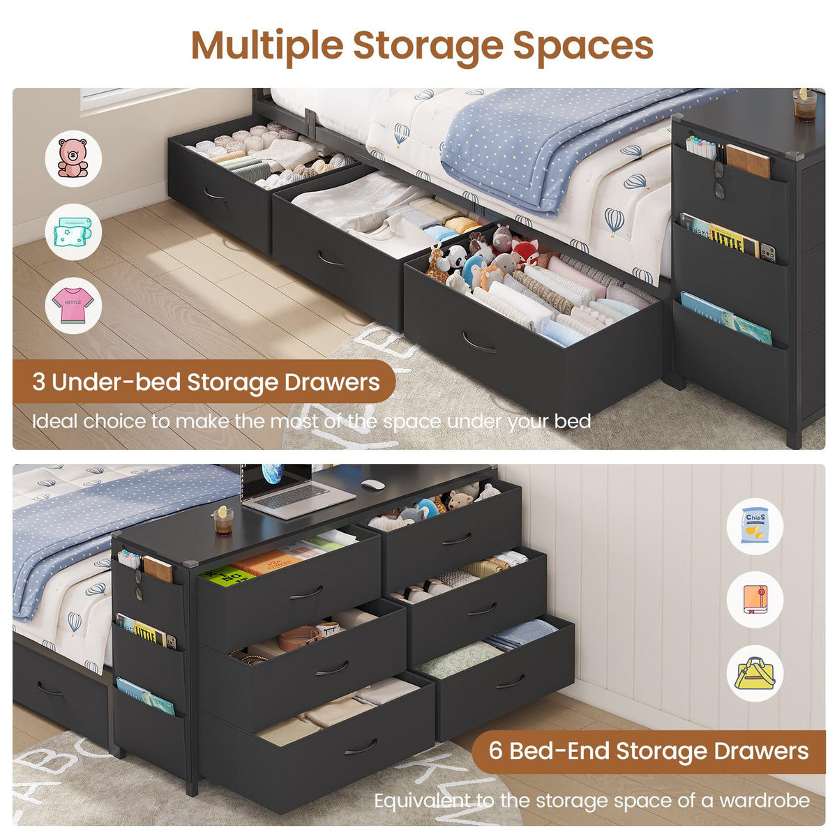 Twin Corner Bed with 6 Storage Dressers, 3 Drawers & Bookcase, Charging Station and LED Light, Desk, Upholstered Headboard, Black D716