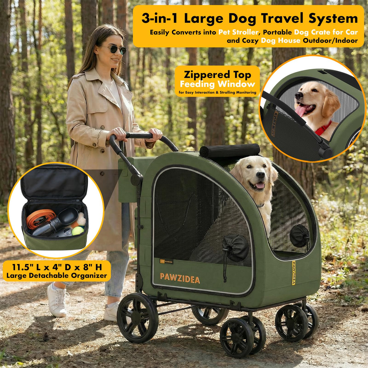 3-in-1 Large Dog Stroller with Detachable Carrier X3084