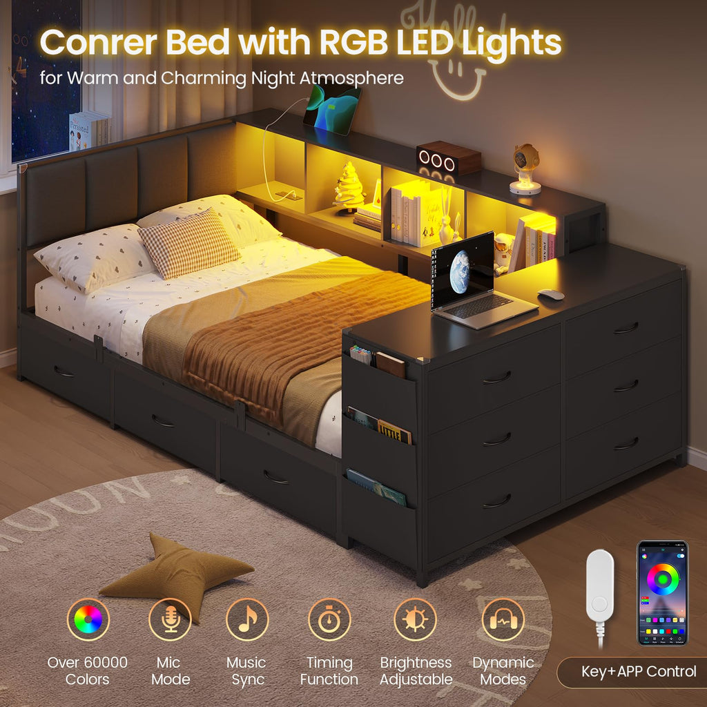 Twin Corner Bed with 6 Storage Dressers, 3 Drawers & Bookcase, Charging Station and LED Light, Desk, Upholstered Headboard, Black D716